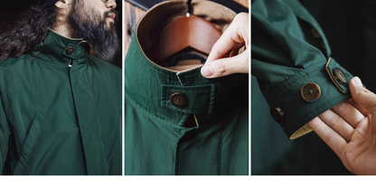 Close-up of Dark Green Utility Field Jacket showing button-up stand collar, inner lining and adjustable cuff button detail