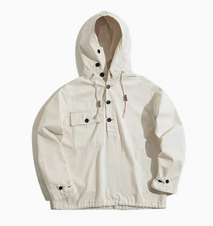 Utility Pocket Hooded Pullover Jacket in Off-White front view featuring drawstring hood, half-button placket, and front utility pocket
