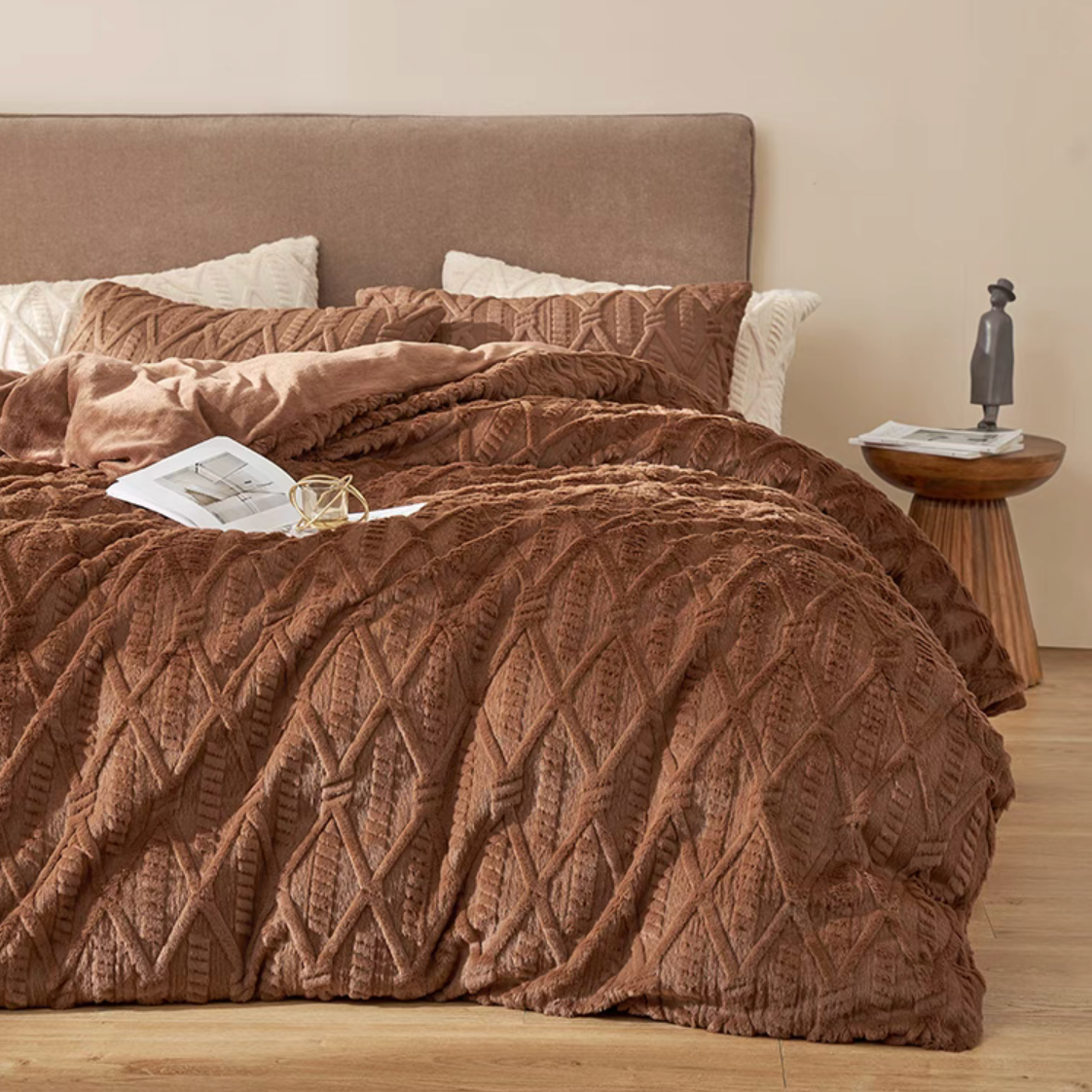 VelourRest double-sided rex rabbit fur duvet bedding set in brown featuring plush textured duvet and matching pillow shams