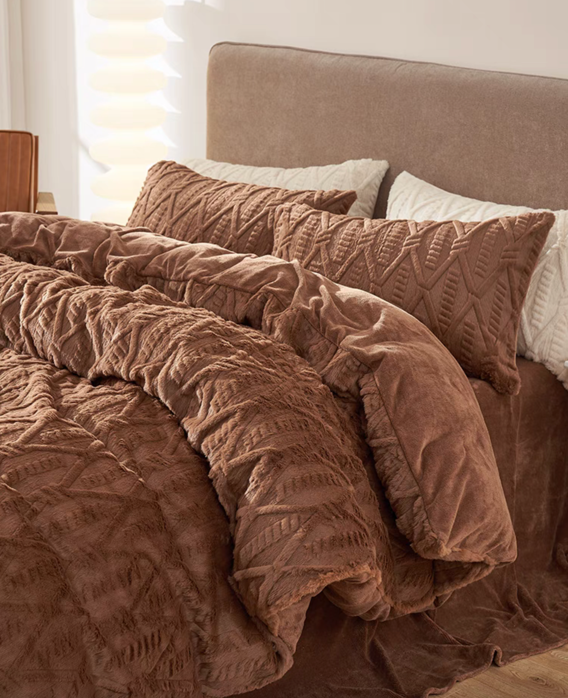 VelourRest brown rex rabbit fur duvet bedding set with textured pillows styled on cozy bedroom bed