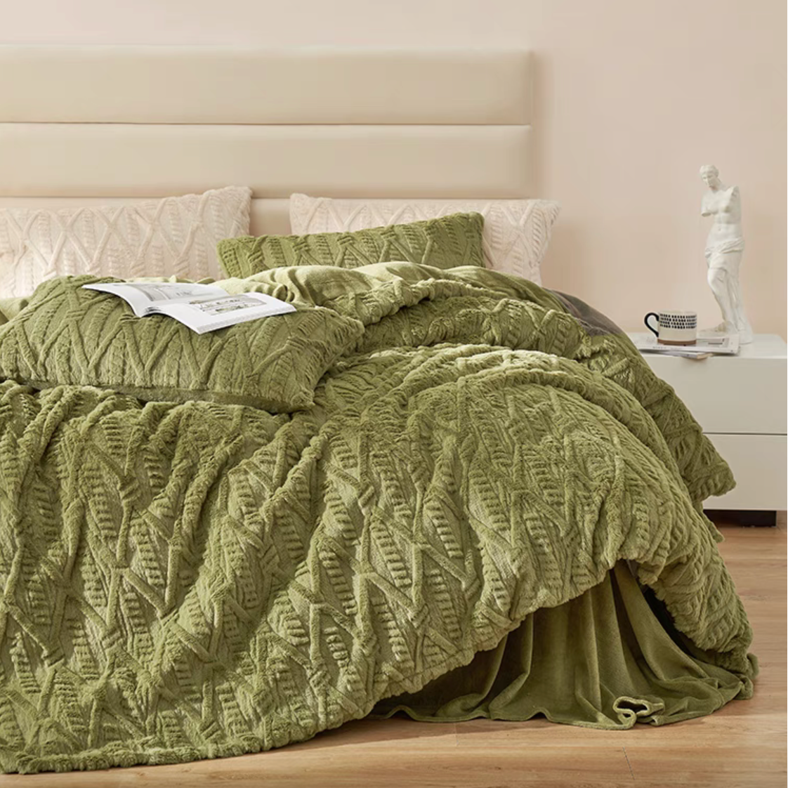 VelourRest double-sided rex rabbit fur duvet bedding set in green with plush textured duvet cover and matching shams