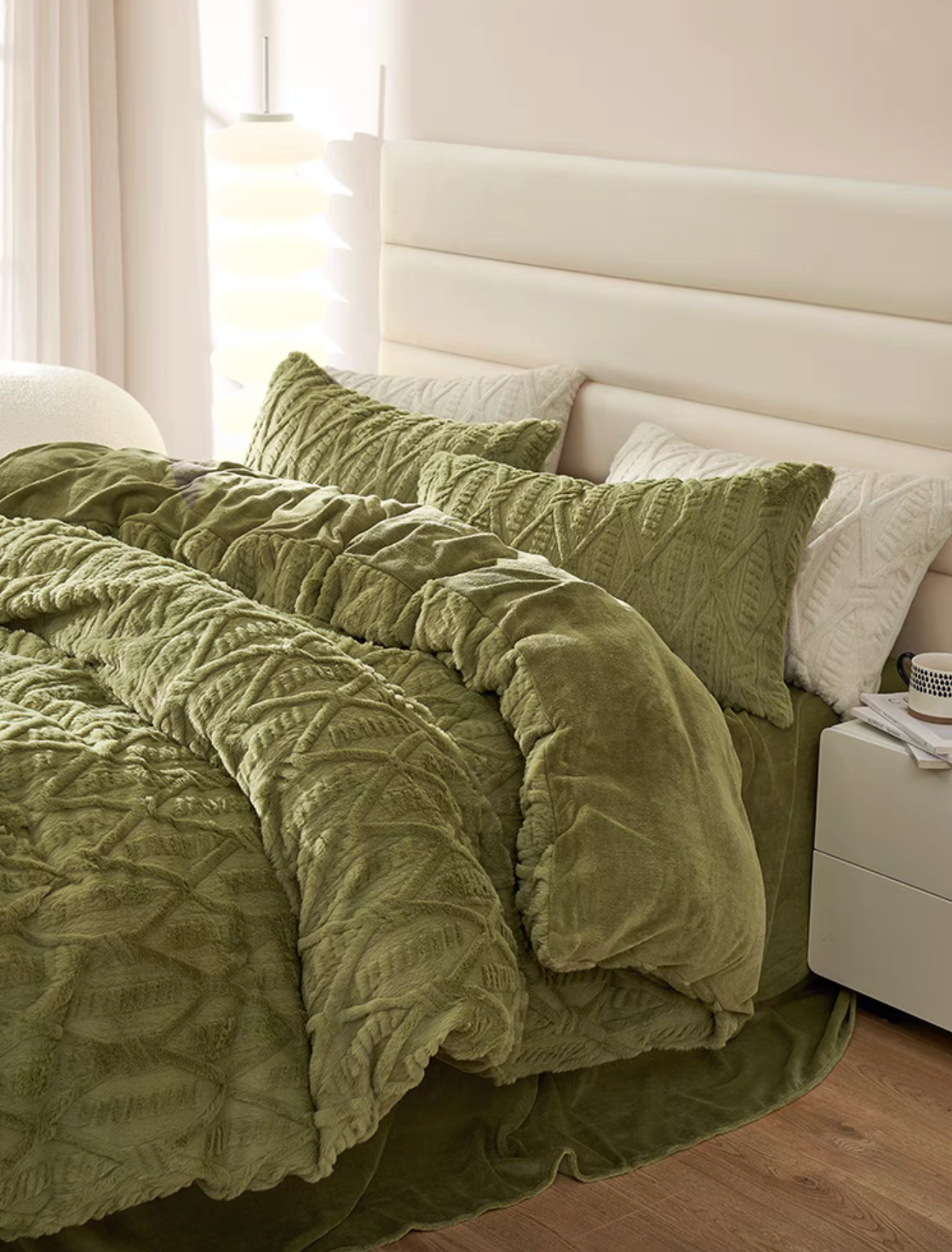 VelourRest green rex rabbit fur duvet bedding set styled on modern bed with layered textured pillows