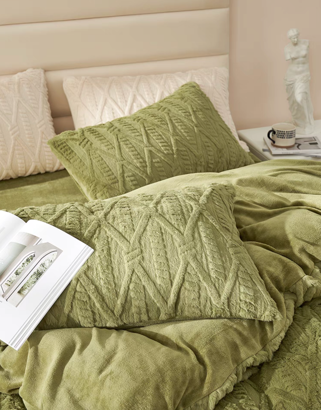 Green VelourRest rex rabbit fur duvet bedding set close-up showing plush geometric texture and soft milk velvet underside