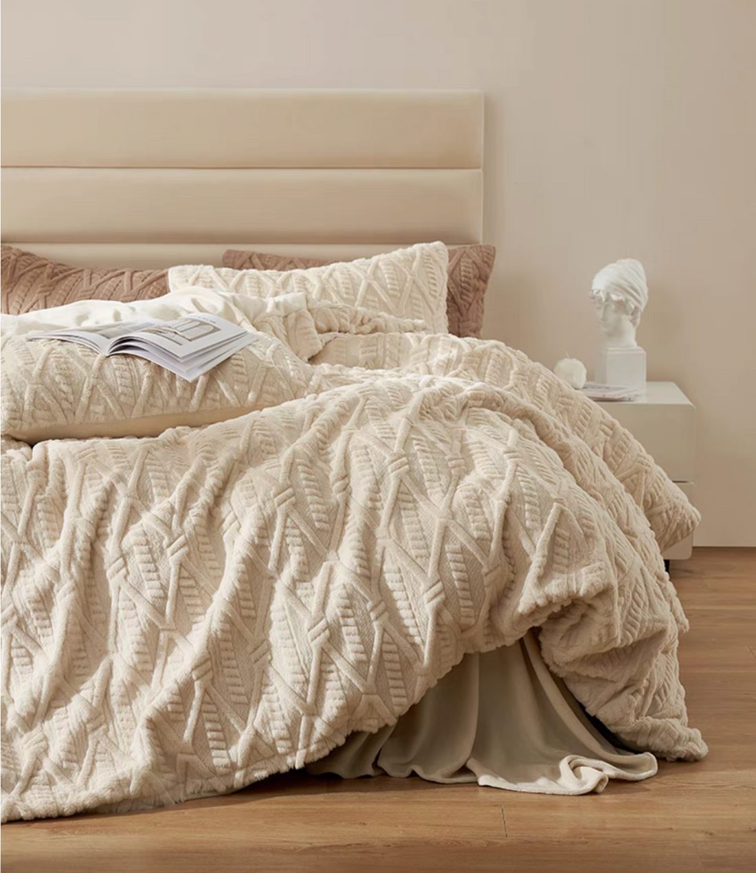 VelourRest double-sided rex rabbit fur duvet bedding set in ivory white with plush textured duvet cover and matching shams on neutral bedroom bed