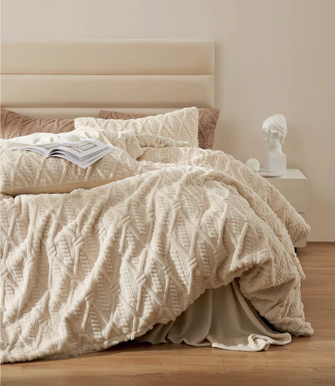 VelourRest double-sided rex rabbit fur duvet bedding set in ivory white with plush textured duvet cover and matching shams on neutral bedroom bed