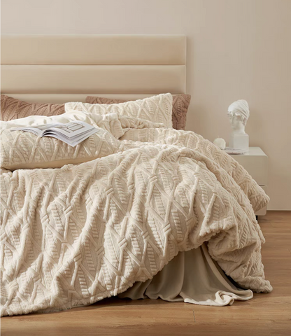 VelourRest double-sided rex rabbit fur duvet bedding set in ivory white with plush textured duvet cover and matching shams on neutral bedroom bed