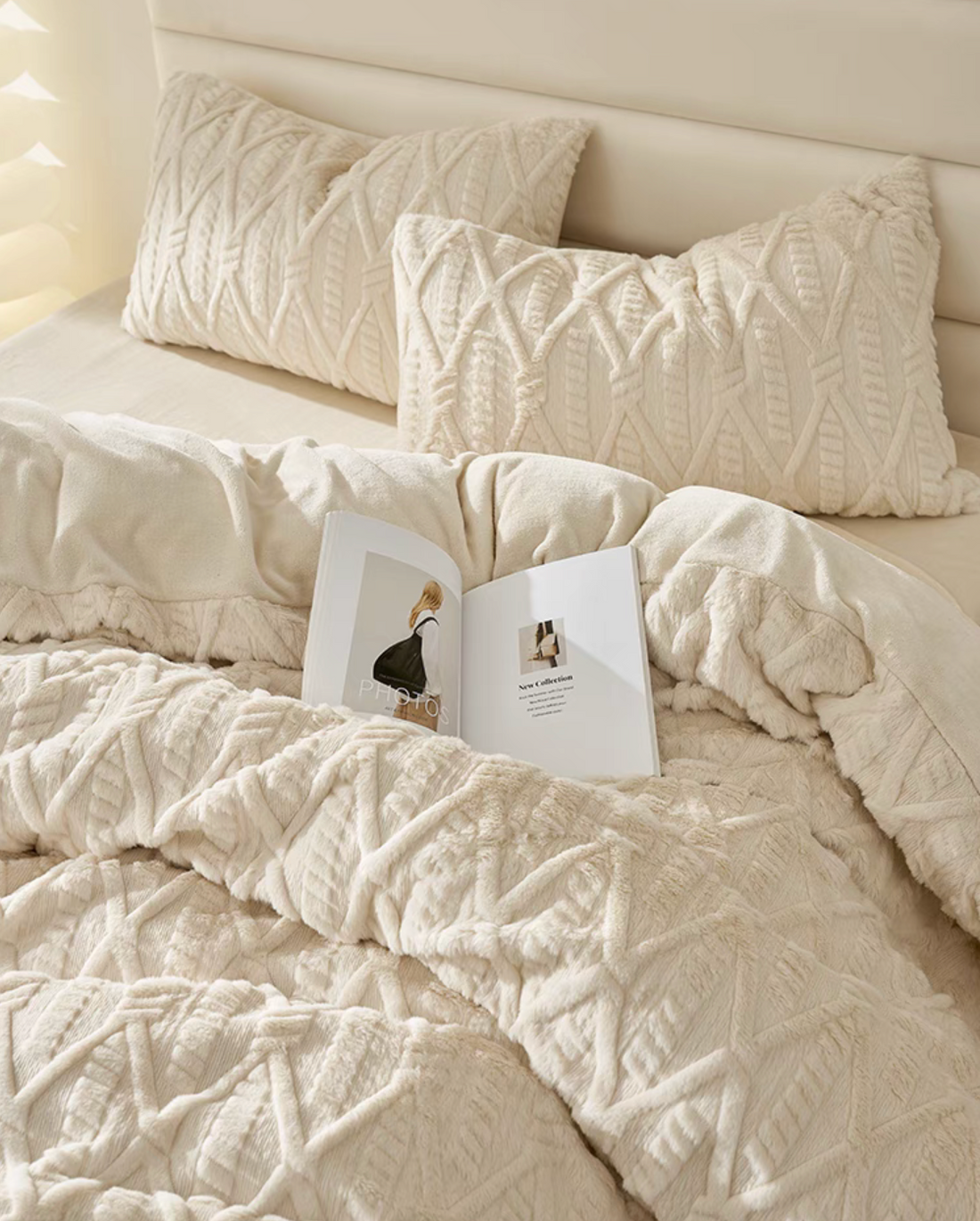 Ivory white VelourRest rex rabbit fur duvet bedding set close-up showing plush texture duvet cover and matching pillow shams