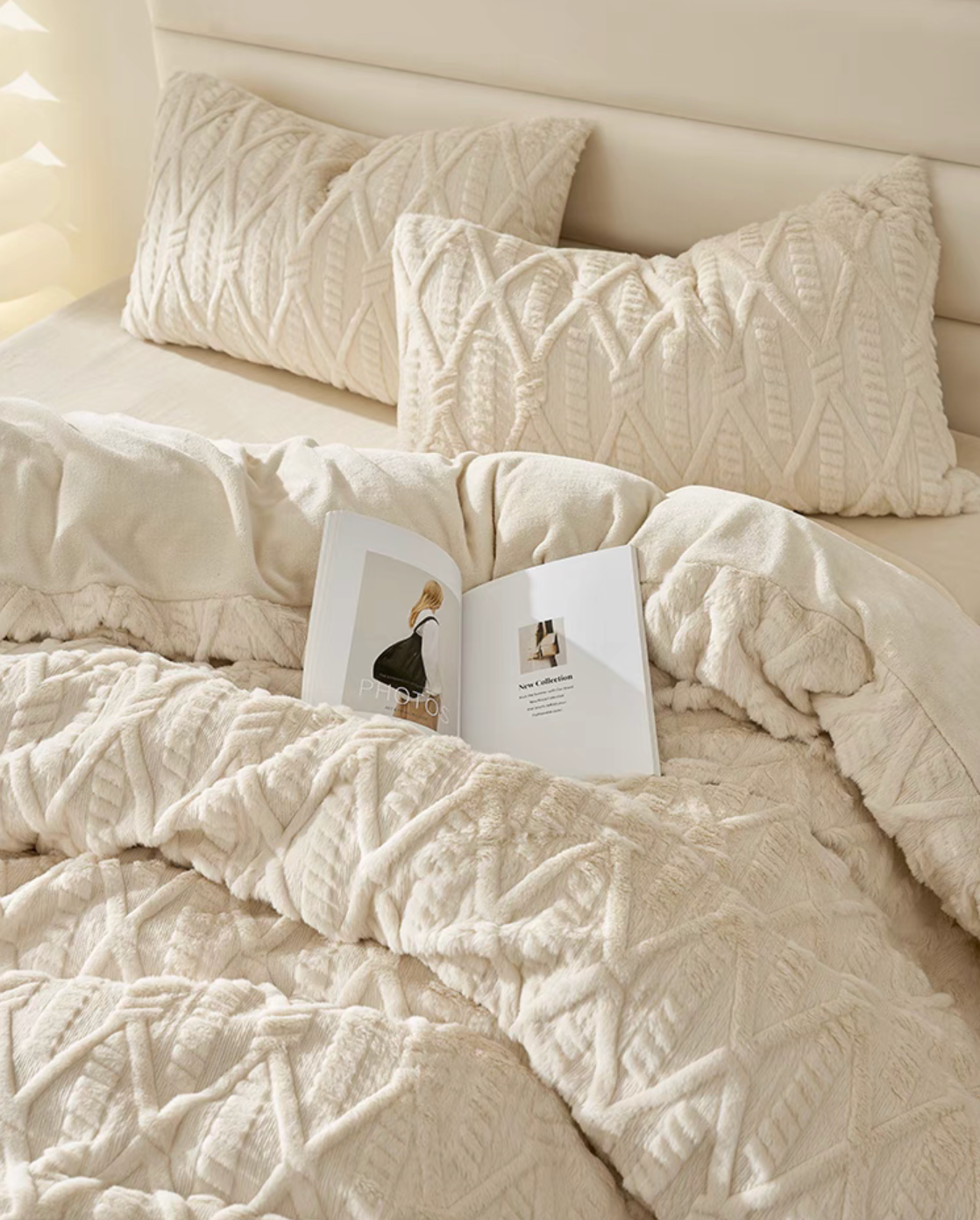 Ivory white VelourRest rex rabbit fur duvet bedding set close-up showing plush texture duvet cover and matching pillow shams