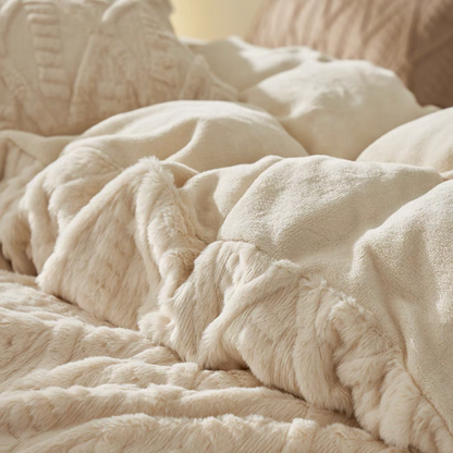 Close-up of VelourRest ivory white rex rabbit fur duvet showing soft plush texture and milk velvet reverse side