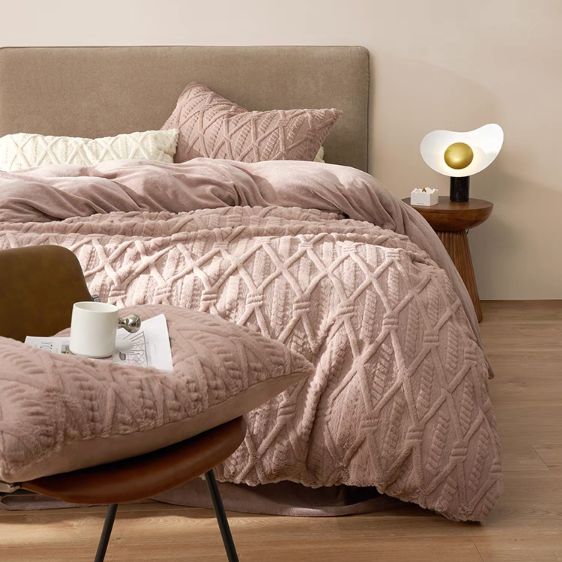 VelourRest double-sided rex rabbit fur duvet bedding set in pink with plush textured duvet cover and matching pillow shams