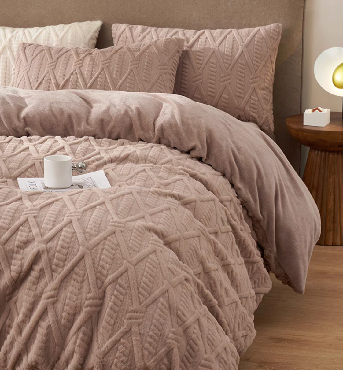 Pink VelourRest rex rabbit fur duvet bedding set close-up showing soft plush duvet cover and milk velvet backing