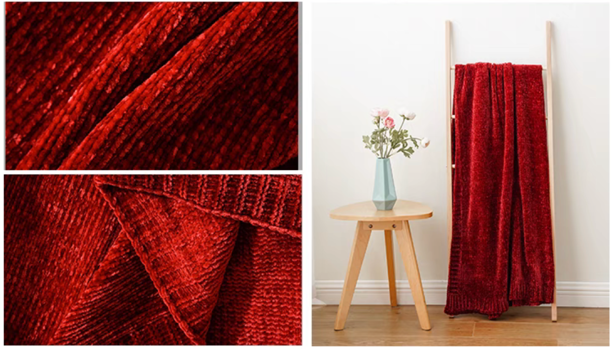 Burgundy vertical rib chenille knit solid throw blanket fabric detail and ladder display