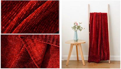Burgundy vertical rib chenille knit solid throw blanket fabric detail and ladder display