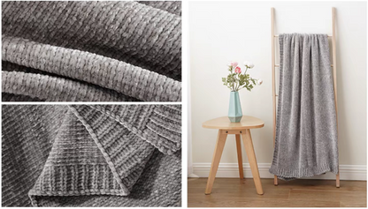 Gray vertical rib chenille knit solid throw blanket fabric detail and ladder display