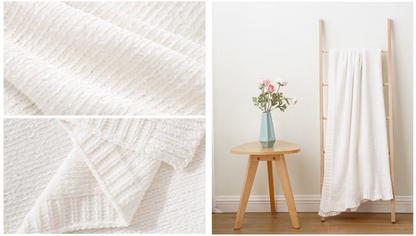 Ivory vertical rib chenille knit solid throw blanket fabric detail and ladder display