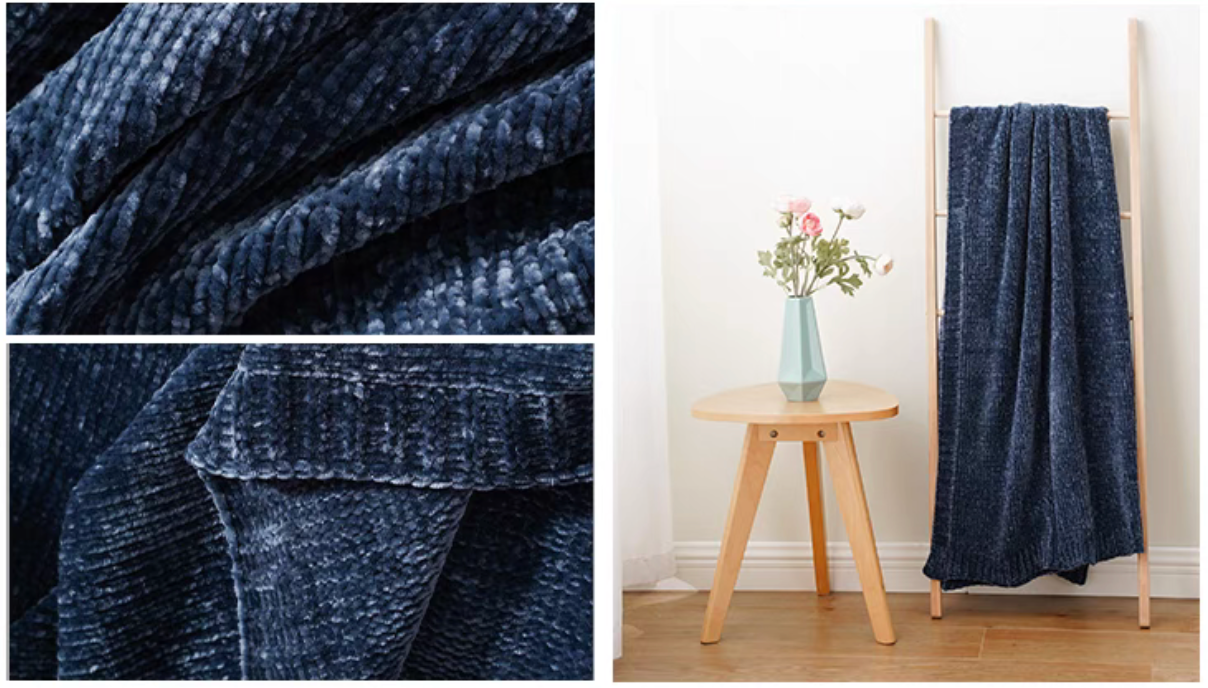 Navy blue vertical rib chenille knit solid throw blanket fabric detail and ladder display