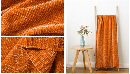 Orange vertical rib chenille knit solid throw blanket fabric detail and ladder display