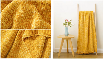 Yellow vertical rib chenille knit solid throw blanket fabric detail and ladder display