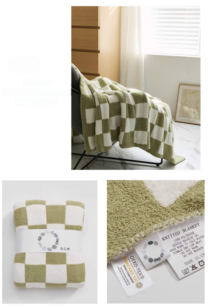 Matcha green checkered blanket collage showing draped chair view, folded packaging display, and fabric label close-up