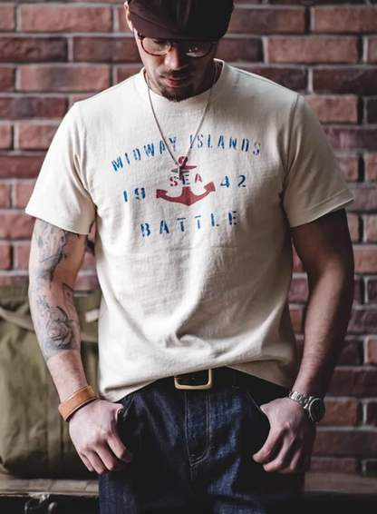Vintage Anchor Battle Tee White worn front view showing relaxed fit and Midway Islands anchor graphic detail