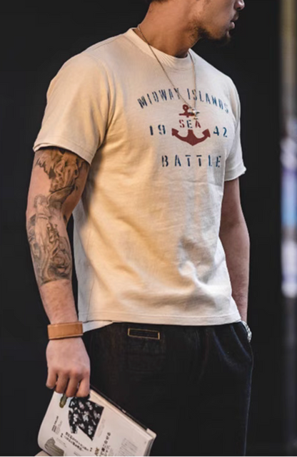 Vintage Anchor Battle Tee White side worn view showing relaxed fit and vintage military-inspired styling