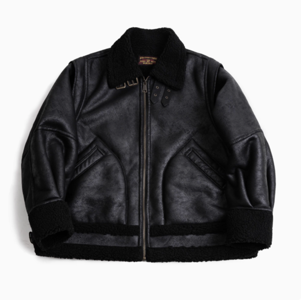 Vintage-Inspired Faux Sherpa B3 Bomber Jacket in Black flat lay front view with zip closure sherpa collar and faux suede material
