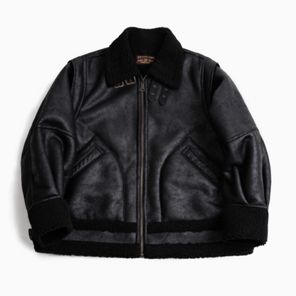 Vintage-Inspired Faux Sherpa B3 Bomber Jacket in Black flat lay front view with zip closure sherpa collar and faux suede material