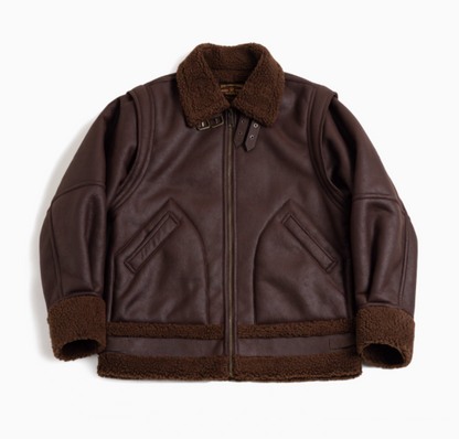 Vintage-Inspired Faux Sherpa B3 Bomber Jacket in Coffee Brown flat lay front view with zip closure sherpa collar and faux suede finish