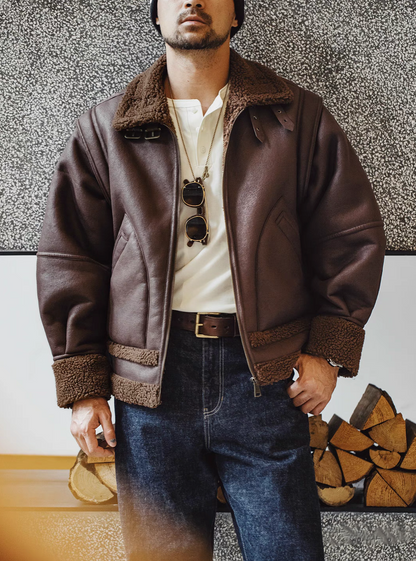 Man wearing Vintage-Inspired Faux Sherpa B3 Bomber Jacket in Coffee Brown with zip front closure sherpa lining and casual outfit styling