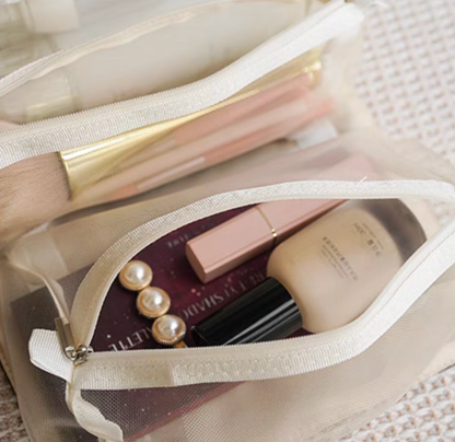 Vintage Chic Waterproof Travel Makeup Bag interior close-up showing detachable compartments with makeup items neatly organized
