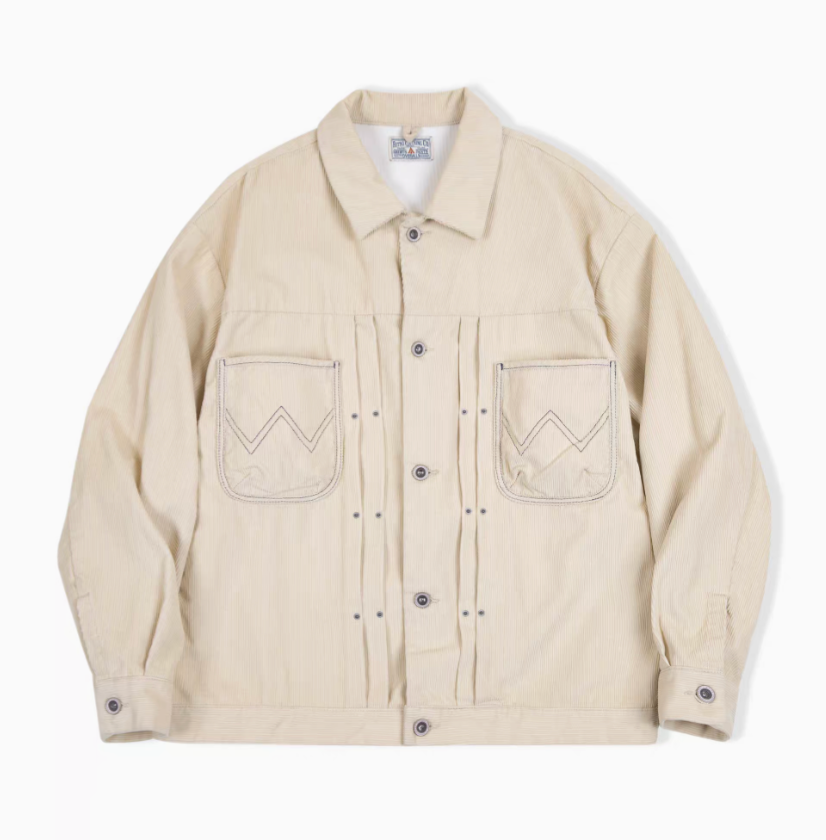 Vintage Corduroy Trucker Jacket Type II in Off-White front view featuring classic workwear design, corduroy texture, and dual chest pockets