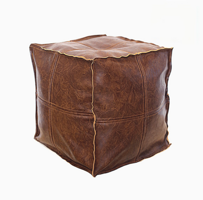 Dark brown faux leather square floor pouf with clean stitching shown in single product view