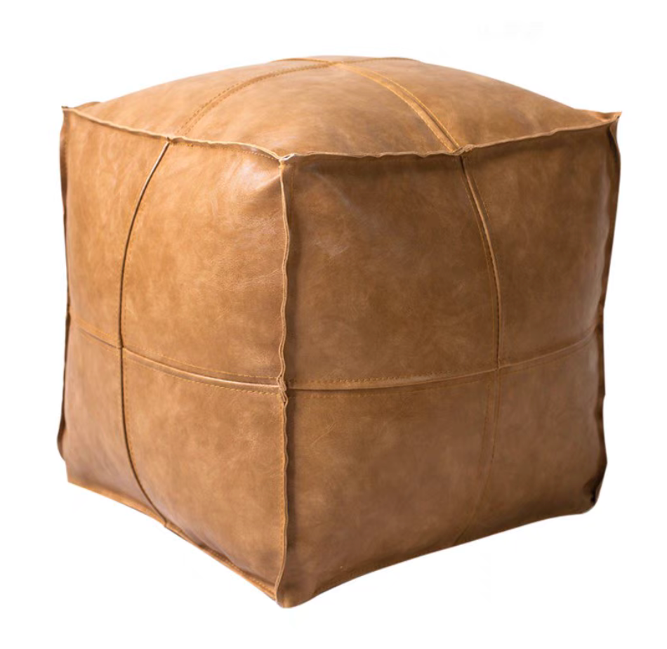 Khaki faux leather square floor pouf with clean stitching and structured cube shape shown in single product view