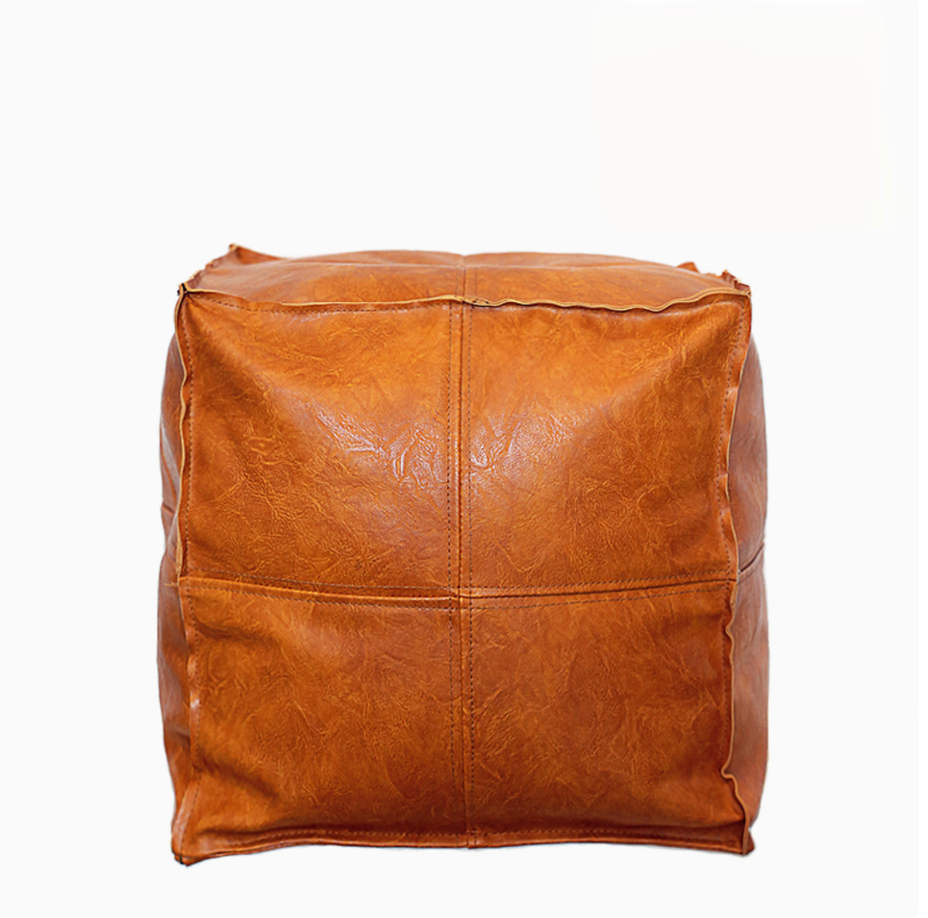 Orange yellow faux leather square floor pouf with clean stitching shown in single product view