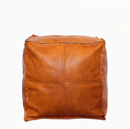 Orange yellow faux leather square floor pouf with clean stitching shown in single product view