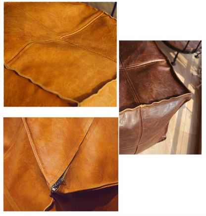 Close-up collage of faux leather square pouf showing stitching, zipper, panel edges, and texture details in orange yellow and dark brown