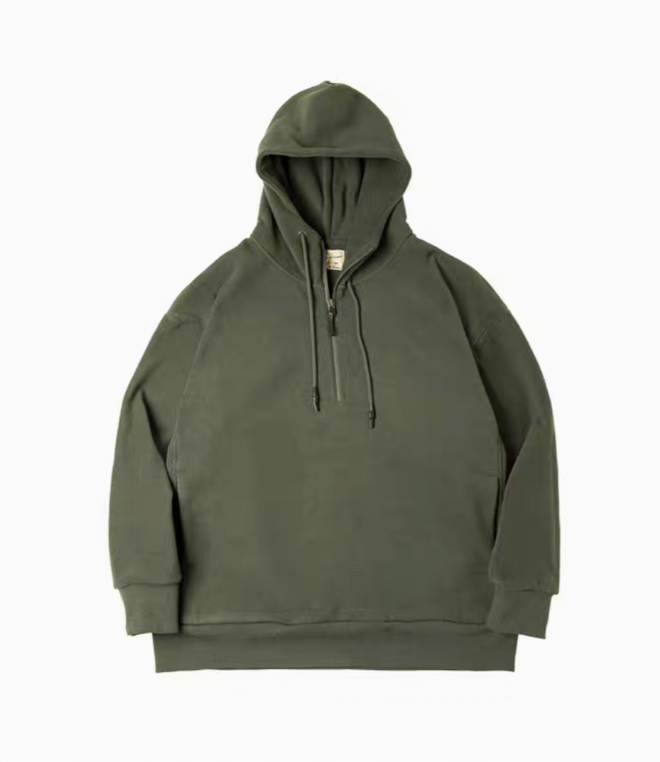 Vintage Half-Zip Fleece Hoodie in Army Green, front flat lay product image with drawstring hood and half-zip neckline
