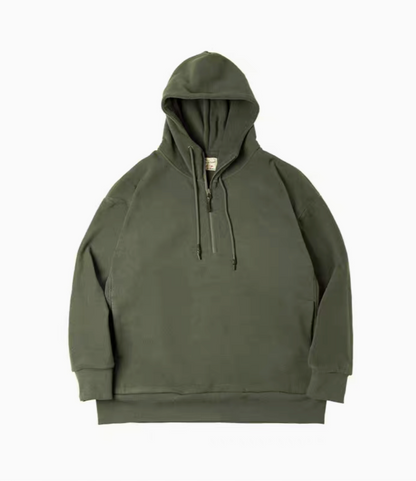 Vintage Half-Zip Fleece Hoodie in Army Green, front flat lay product image with drawstring hood and half-zip neckline
