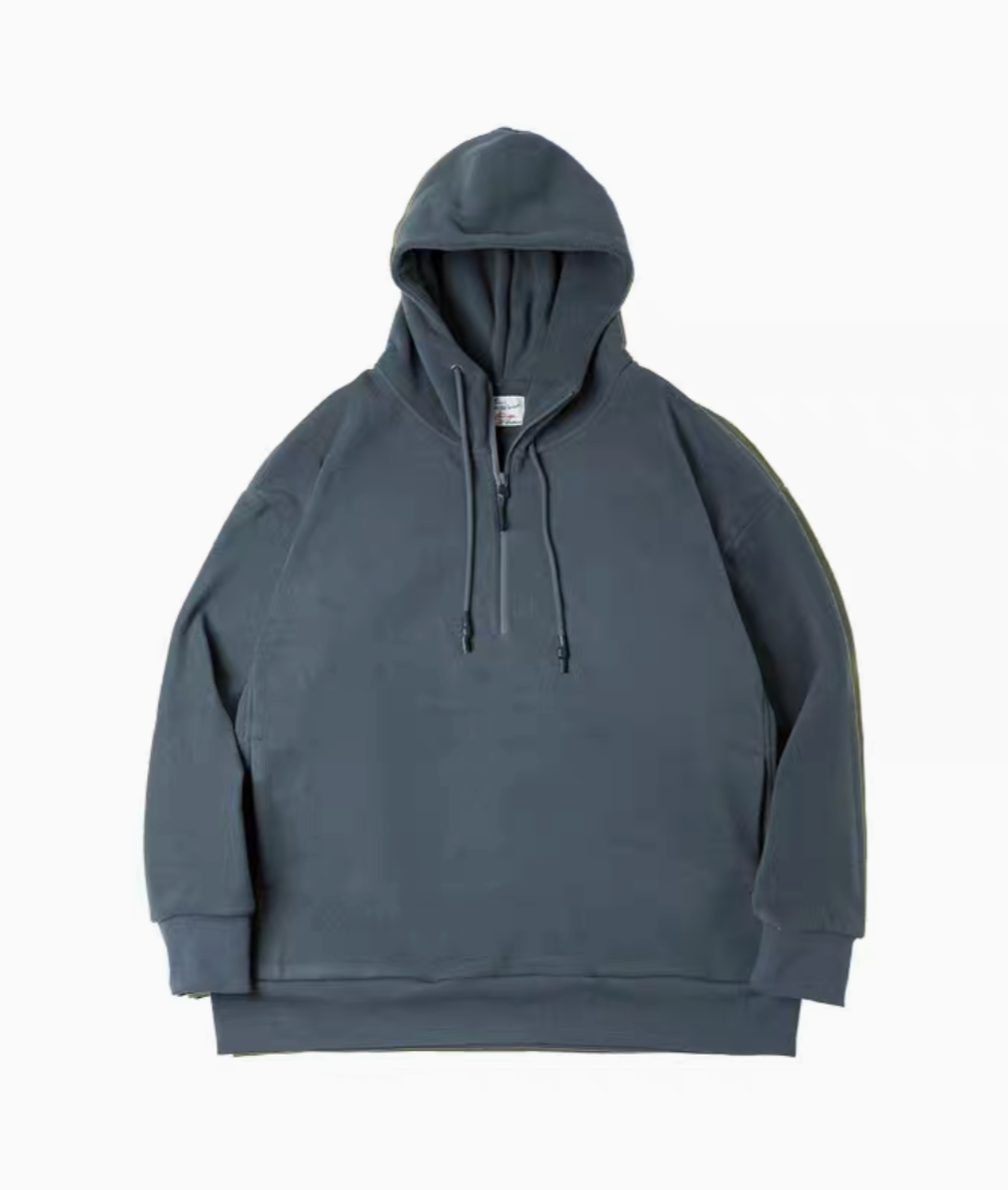 Vintage Half-Zip Fleece Hoodie in Slate Gray, front flat lay product image with drawstring hood and half-zip neckline