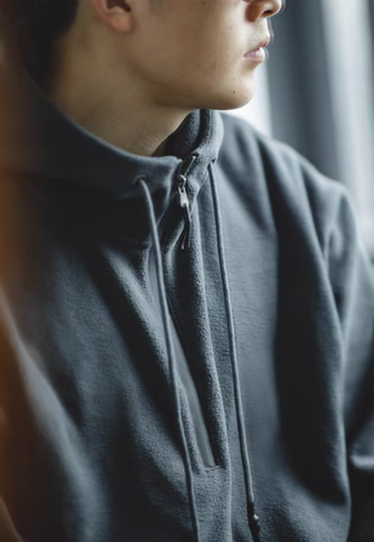 Vintage Half-Zip Fleece Hoodie in Slate Gray close-up of upper chest and neckline, showing half-zip detail, hood opening and fleece texture