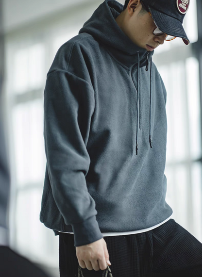Vintage Half-Zip Fleece Hoodie in Slate Gray worn by model, side angled view showing relaxed fit and soft fleece texture