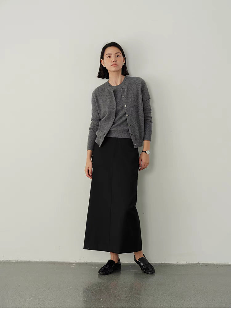 Gray Vintage-Inspired Wool Cardigan paired with black midi skirt, full body outfit with timeless minimalist style