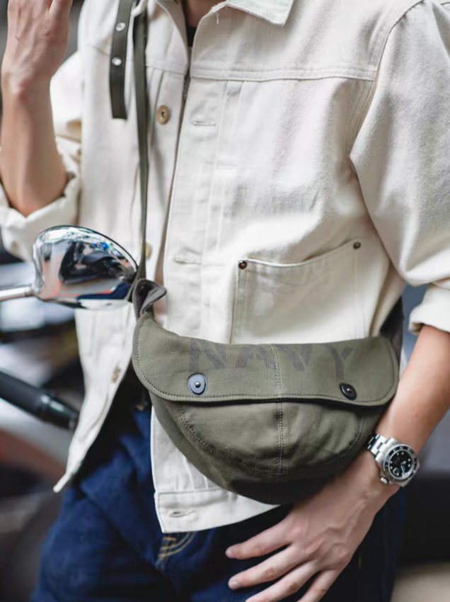 Vintage Military Canvas Sling Bag military green styled crossbody with casual outfit showing everyday use