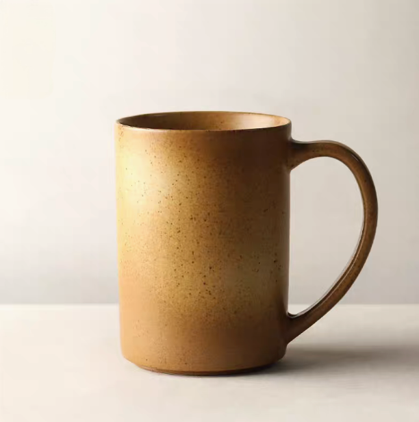 Light brown vintage rustic ceramic mug with matte gradient glaze and handcrafted texture in single product view