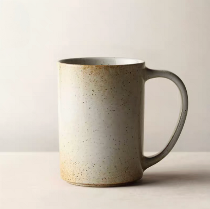 Light gray vintage rustic ceramic mug with speckled glaze finish shown in single product view on clean background