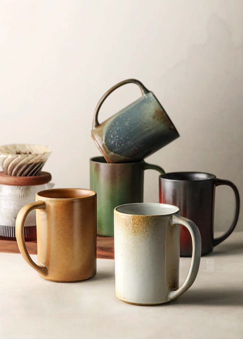 Vintage Rustic Ceramic Mug collection displayed with multiple colors including light brown, light gray, olive green, dark red, and blue gray in coffee setup scene