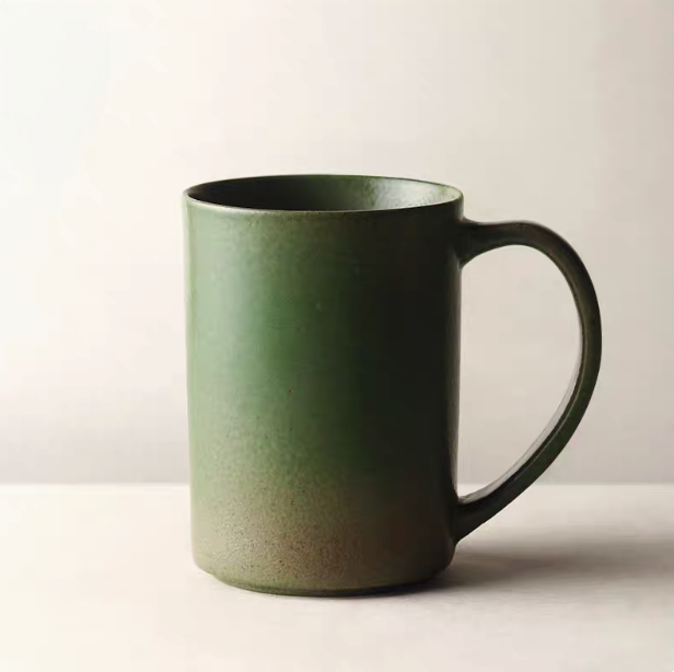 Olive green vintage rustic ceramic mug single product view on clean background showing smooth gradient glaze finish