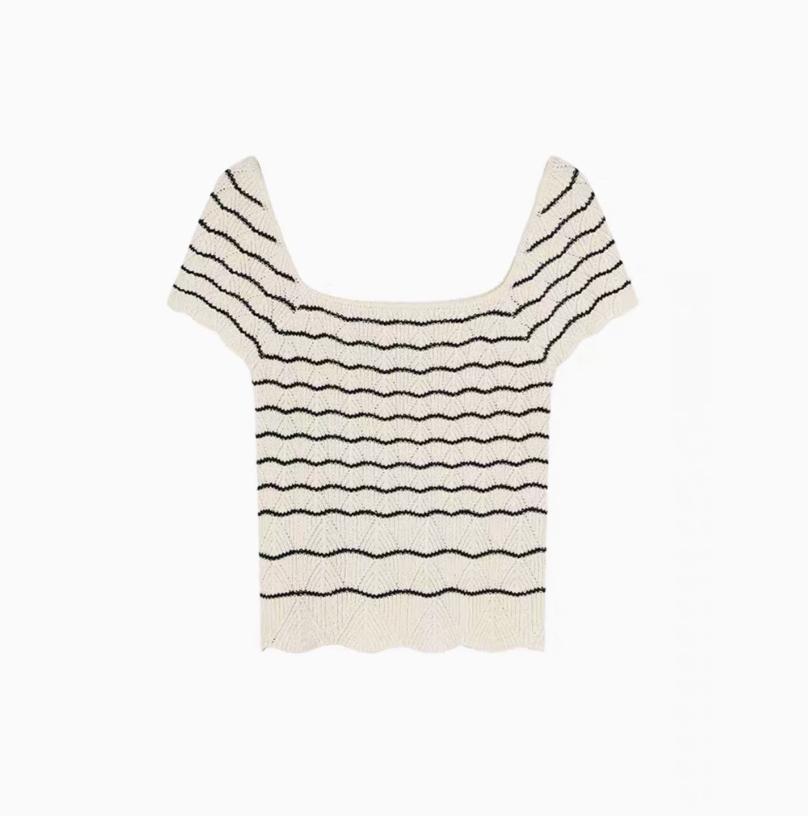 Black and white striped knit top flat lay front view featuring square neckline and flutter sleeves with wavy hem