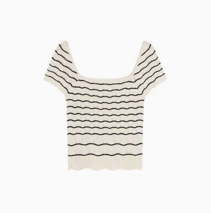 Black and white striped knit top flat lay front view featuring square neckline and flutter sleeves with wavy hem