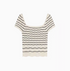 Black and white striped knit top flat lay front view featuring square neckline and flutter sleeves with wavy hem